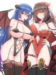 2d 2girls black_hair blue_hair breasts brown_eyes date_a_live exposed_torso female female_only itsuka_shiori light-skinned_female long_hair succubus succubus_costume succubus_horns succubus_tail succubus_wings thighs tokisaki_kurumi