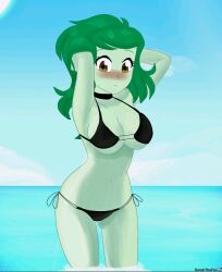 1girls arms_behind_head arms_up artist_name big_breasts bikini black_bikini blush brown_eyes deviantart_link equestria_girls green_hair hasbro huge_breasts large_breasts my_little_pony sarahthefox97 side-tie_panties solo wallflower_blush_(eg) water