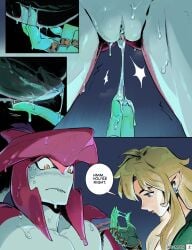 2boys blush blush_lines blushing breath_of_the_wild comic english_text femboy gay genital_slit human_on_humanoid kbmon link link_(breath_of_the_wild) nintendo red_body shark_humanoid sidon sidon_(zelda) slit slit_fingering slit_penetration small_dom_big_sub speech_bubble the_legend_of_zelda uncensored wet wet_body wet_skin yaoi yellow_eyes zora