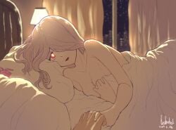 1boy after_sex bad_id bad_pixiv_id bed blush breasts condom condom_wrapper female hair_over_one_eye holding ice_keki little_witch_academia long_hair looking_at_viewer medium_breasts nude on_bed out_of_frame pov pov_hands purple_hair red_eyes smile solo_focus straight sucy_manbavaran