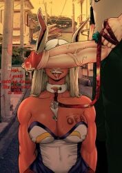 amano44 bunny_ears bunny_girl cant_see_the_haters clothed clothed_female clothed_male collar cum dark-skinned_female dialogue green_hair huge_cock interracial izuku_midoriya kneeling large_penis leash leash_and_collar long_hair miruko my_hero_academia partial_male penis penis_covering_eyes penis_over_eyes pubic_hair rumi_usagiyama tattoo tattoo_on_breast tattoo_on_chest text tongue tongue_out veins veiny_penis white_hair