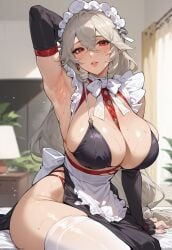 ai_generated alexandrina_sebastiane armpit armpit_crease armpit_fetish big_breasts bikini_top female hypet maid maid_headdress maid_uniform red_eyes shiny shiny_skin sitting solo stockings tagme thick thick_legs thick_thighs thighs video_game_character video_games wet wet_body white_hair zenless_zone_zero