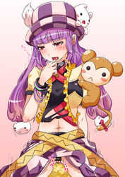 censored cunnilingus evelyn_(rune_factory) hat highres jewelry long_hair mice mice_(rune_factory) midriff navel oral osakana_(youkina_kabe) purple_eyes purple_hair pussy rune_factory rune_factory_3 sakasana_(kaisen_teikoku) sex stuffed_animal top_hat