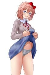 1female 1girls aris4rt blue_eyes blue_skirt bow breasts doki_doki_literature_club exposed exposed_panties exposing_panties female_focus hair_bow hairbow lifted_by_self lifted_skirt lifting_own_skirt lifting_skirt navel panties red_bow red_hair_bow red_hairbow sayori_(doki_doki_literature_club) self_exposure skirt skirt_lift skirt_lifted_by_self strawberry_blonde_hair