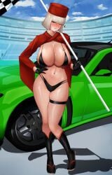 1girls big_breasts bikini bikini_top black_eyes black_gloves black_socks blunt_bangs blush bra breasts busty checkered_flag cleavage embarrassed fate/grand_order fate_(series) female female_only flip_flops footwear hand_on_hip hat headwear holding_flag huge_breasts knee_socks kneehighs kneesocks light-skinned_female light_skin navel outdoors panties race_queen sandals sen_no_rikyu_(fate) short_hair sirosoil skimpy_clothes socks socks_and_sandals solo sweat sweaty_body swimsuit thick_thighs thigh_strap white_hair