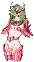 andromeda_shun embarrassed femboy gay_male green_eyes green_hair penis pink_armor saint_seiya white_skin