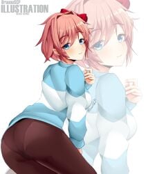 1female 1girls artist_name ass blue_eyes blue_sweater blush bow breasts bruunoscp butt casual disheveled_hair doki_doki_literature_club expressionless eyebrows eyebrows_raised from_behind hair_between_eyes hair_bow hairbow hand_on_hip hand_up just_sayori large_breasts leaning leaning_forward leggings looking_back panties panties_under_leggings pink_hair red_bow sayori_(doki_doki_literature_club) simple_background sweater white_background white_sweater zoom_layer