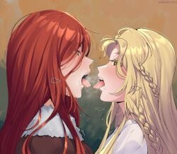 1boy 1girls after_kiss blonde_hair brother_and_sister detectiveneko elden_ring female femboy french_kiss fromsoftware gold_eyes incest kissing light-skinned_female light-skinned_male light_skin malenia_blade_of_miquella miquella miquella_the_kind red_hair saliva saliva_trail shadow_of_the_erdtree tongue tongue_out twins