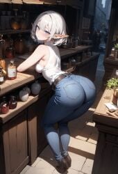 1girl ai_generated arched_back ass ass_focus belt bending_over big_ass breasts bubble_butt casual curvy curvy_body curvy_female curvy_figure curvy_hips elf elf_ears elf_female huge_ass jeans large_ass light-skinned_female light_skin massive_ass oc short_hair slim_waist small_breasts starlightnex thick thick_ass thick_thighs white_hair white_shirt