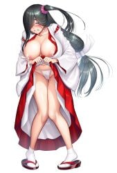 2023 black_hair breasts cleavage clothes_lift dress dress_lift embarrassed female freckles fundoshi hair_over_one_eye highres huge_breasts ichimonji_miiko japanese_clothes large_breasts lilith-soft long_hair long_skirt long_sleeves looking_at_viewer miko nipples official_art open_clothes open_mouth purple_eyes pussy_juice sandals shy side_ponytail skirt skirt_lift socks solo standing taimanin_(series) taimanin_rpgx teeth wet wet_clothes wet_fundoshi white_socks zol