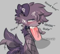 anthro biped blush bodily_fluids brown_body canid canine canis clothing collar cubupaws cum cum_in_mouth cum_inside cumshot digital_media_(artwork) duo ear_piercing ejaculation english_text erection fellatio femboy fishnet_clothing fur genital_fluids genitals good_boy heart_eyes heart_symbol male male/male male_penetrating mammal oral penetration penile penis piercing sex simple_background solo_focus tail text