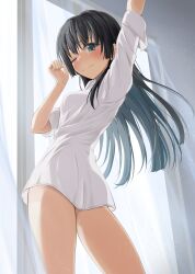 1girls 2020s 2022 adolescent arm_up ass bare_legs black_hair blush breasts closed_mouth female flower from_behind hair_flower hair_ornament hi_res indoors k3rd legs light-skinned_female light_skin long_hair looking_at_viewer looking_back medium_breasts morning morning_after one_eye_closed saten_ruiko shirt smile solo standing teenage_girl teenager thighs to_aru_kagaku_no_railgun to_aru_majutsu_no_index white_shirt window young young_female