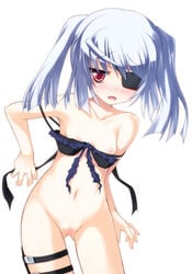 bikini_pull bikini_top blush bottomless breasts eye_patch female flat_chest highres holster infinite_stratos laura_bodewig long_hair nipples open_mouth pointy_chin pussy red_eyes safi silver_hair solo strap_slip thigh_gap thigh_holster thigh_strap uncensored