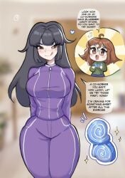 2girls before_inflation big_ass big_breasts big_thighs black_hair blueberry_inflation brown_eyes brown_hair brown_hair candy daughter dialogue glasses inflation light-skinned_female milf mother mother_and_daughter purple_track_suit sile2011 thin_waist track_suit wide_hips