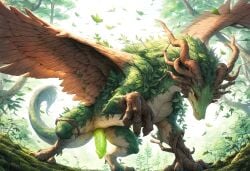 ai_generated brown_eyes claws dragon elemental_creature feral forest front_view genitals glowing glowing_genitalia glowing_penis green_body green_penis green_scales hi_res horn leaf low-angle_view male moss on_all_fours penis plant polar_(director) ridged_penis scales solo spread_wings tree tree_root white_body white_scales wings wood