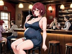 ai_generated alcohol cigarette large_breasts pregnant red_hair short_hair smoking tight_dress