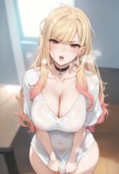 ai_generated bangs blonde_hair breasts choker cleavage covered_nipples kitagawa_marin large_breasts long_hair looking_at_viewer mommy open_mouth red_eyes shirt shirt_tug solo sono_bisque_doll_wa_koi_wo_suru