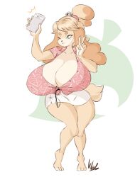 1girls animal_crossing big_breasts breasts dullvivid female furry isabelle_(animal_crossing) nintendo only_female phone selfie smile