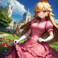 1girls ai_generated belly_button blonde blonde_female blonde_hair blonde_hair_female castle castle_in_background diagonal_angle dress mario_(series) marvelous_vice medium_breasts mushroom_kingdom outside perfect_body pink_dress pretty_girl princess_peach realistic revealing_outfit skinny skinny_female skinny_girl skinny_waist smooth_skin super_mario_bros. tagme thin thin_female thin_waist tight_clothing