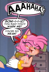 2020s 2024 accessory amy_rose anthro bodily_fluids breasts closed_eyes clothed clothing couple cum cum_drip cum_in_hair cum_in_mouth cum_inside cum_on_breasts cum_on_face cum_on_hand cumshot dialogue digital_media_(artwork) dripping duo ejaculation english_text eulipotyphlan exposed_breasts female genital_fluids genitals gloves hair handjob handwear happy hedgehog humanoid male male/female mammal penile penis realdash sega sex sonic_(series) sonic_the_hedgehog sonic_the_hedgehog_(series) speech_bubble tail tail_motion tailwag text wholesome wholesome_sex