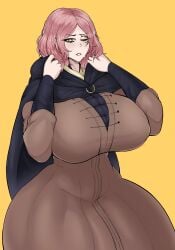 cleavage cloak clothing elden_ring huge_breasts light-skinned_female melina_(elden_ring) open_mouth pink_hair smug_ghost thick_thighs thin_waist wide_hips yellow_eyes