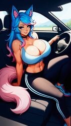 abs ai_generated bare_shoulders belly_button big_breasts breasts car choker day daytime fake_breasts firm_breasts gym_uniform hourglass_figure huge_breasts in_car large_breasts leggings long_hair midriff navel navel_piercing nsfw round_breasts shiny_breasts shiny_clothes shiny_skin shoes silvervale sitting sky4maleja smile solo sports_bra spread_legs tail thick_thighs virtual_youtuber vshojo vtuber