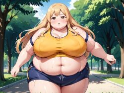 ai_generated blonde_hair fat jogging jogging_outfit obese park sweat tight_clothing wheezing working_out