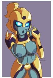 1girls big_breasts blue_eyes blue_nipples breasts elita_1 elita_one female female_only looking_at_viewer mechavee nipples panties robot robot_girl robot_humanoid solo solo_female transformers transformers_animated yellow_panties