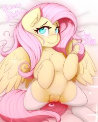 2017 clothing dialogue english_text equine feathered_wings feathers female fluttershy_(mlp) friendship_is_magic hair hi_res hooves legwear long_hair lying mammal my_little_pony on_back pegasus pink_hair pussy solo straight_hair text thebatfang wings