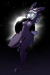 2024 anthro aster_(mewgle) breasts eclipse eyewear genitals glasses gynomorph hair hands_behind_head hi_res intersex lagomorph leporid looking_at_viewer mammal mewgle navel one_leg_up penis rabbit raised_leg signature simple_background solo solo_focus speckled_fur star tail white_hair