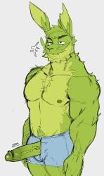 anthro bottomwear clothing facial_hair fungirussy fur genitals green_body green_fur green_nipples green_penis hi_res lagomorph leporid male male_anthro mammal muscular muscular_male nipples penis rabbit shirtless shirtless_male