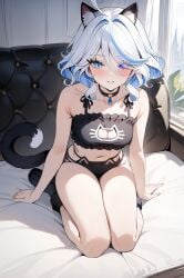 1girls ai_generated bed cat_ears cat_keyhole_bra cat_lingerie cat_tail furina_(genshin_impact) genshin_impact keyhole_bra lingerie ministro sitting_on_bed