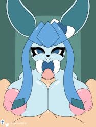 animated anthro anthrofied areola big_areola big_breasts big_ears black_nose blue_body blue_eyes blue_fur bow_(feature) breast_play breasts duo eeveelution female first_person_view foreskin front_view fur fusion generation_4_pokemon generation_6_pokemon genitals glaceon hi_res human male male/female mammal nintendo nipples nude nude_anthro paizuri penis pink_areola pink_nipples pokemon pokemon_(species) pokemon_fusion sex shinychaonsfw simple_background sylveon teeth titfuck titjob