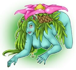 2011 all_fours anthro blush breasts female flower furry green green_hair green_nipples looking_at_viewer nintendo nipples nude pokémon_(species) pokemon pokemon_rgby pokemorph red_eyes rozwell venusaur