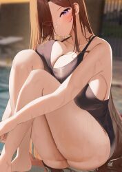 1girls blush breasts breasts_bigger_than_head brown_hair cleavage eyes_visible_through_hair gigantic_breasts glasses huge_breasts long_hair mama_(nicorima) nicorima oc one-piece_swimsuit purple_eyes sideboob sitting swimwear thighs