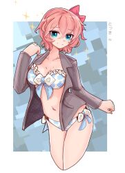 1female 1girls bikini bikini_bottom bikini_top blue_eyes bow breasts doki_doki_literature_club female_focus just_sayori navel sayori_(doki_doki_literature_club) strawberry_blonde_hair swimsuit swimwear thighs tokkeresu