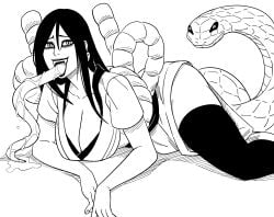 absurdres animal bb_(baalbuddy) black_hair black_thighhighs breasts cleavage_cutout clothing_cutout female genderswap_(mtf) highres large_breasts long_hair long_tongue naruto naruto_(series) orochimaru orochimaru_(naruto) rule_63 short_sleeves snake solo thighhighs tongue tongue_out