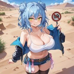 ai_generated big_breasts blue_frog blue_hair cleavage condom_belt cropped_jacket denim_shorts desert double_bun hair_buns hitchhiking licking_lips road_sign thighhighs used_condoms