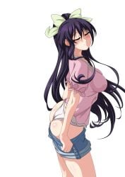 2d 2d_(artwork) alternate_version_available ass blush bra breasts closed_eyes clothed date_a_live exposed_ass female light-skinned_female long_hair medium_breasts panties purple_eyes purple_hair shorts shorts_down solo_female thick_thighs thighs variant_set yatogami_hebikura yatogami_tohka