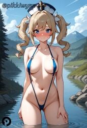 ai_generated areola_slip ass_visible_through_thighs bangs barbara_(genshin_impact) bare_shoulders blonde_hair blue_eyes blue_one-piece_swimsuit blue_sky blush breasts closed_mouth cloud collarbone cowboy_shot day drill_hair embarrassed female genshin_impact hand_on_own_thigh hat long_hair looking_at_viewer medium_breasts mole nature navel o-ring one-piece_swimsuit outdoors pikkiwynn rock sky slingshot_swimsuit solo standing stomach swimsuit thighs twin_drills twintails wading water white_headwear