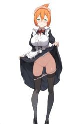 ai_generated black_stocking blush bottomless female female_only green_eyes hair_between_eyes large_breasts maid_dress novelai orange_hair panties panties_around_leg panties_around_legs petra_leyte presenting presenting_pussy pussy pussy_juice re:zero_kara_hajimeru_isekai_seikatsu skirt_lift skirt_up smile solo solof_female stockings