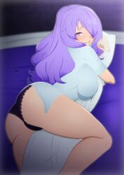 1girls ass bangs bare_legs bed between_legs big_ass black_panties blush breasts camilla_(fire_emblem) corrin_(fire_emblem) corrin_(fire_emblem)_(male) dakimakura_(object) female female_only fire_emblem fire_emblem_fates grinding hair_over_one_eye heavy_breathing highres humping indoors large_breasts legs looking_at_viewer masturbation mikleodeus nintendo on_bed panties pillow pillow_hug pillow_humping pink_eyes purple_hair shirt solo tawashi1623 underwear