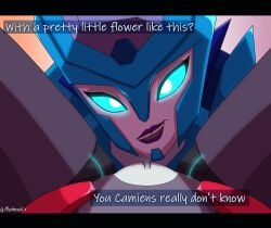 2girls blue_eyes chromia clitoris english_text glowing_eyes head_between_legs imminent_oral mechavee purple_lipstick pussy robot robot_girl robot_humanoid text transformers transformers_cyberverse vagina windblade yuri