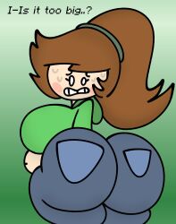 abbber77 abby_(abbber77) ass big_ass big_butt brown_hair butt_focus dialogue female female_only hoodie jeans nervous ponytail self_upload skeletonhearts sona twitter_user_oc