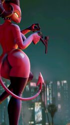 3d_(artwork) anthro ass barbie_(helluva_boss) barbie_wire big_butt birthmark breasts c0c0_r4bbit claws detailed_background digital_media_(artwork) female gun helluva_boss hi_res holding_object holding_weapon horn humanoid imp markings narrowed_eyes nude open_mouth open_smile ranged_weapon red_body red_eyes revolver smile solo tail thick_thighs weapon