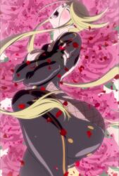 1girls ass blonde_hair bodysuit breasts cleavage closed_eyes flower highres huge_ass kasuga kasuga_(sengoku_basara) large_breasts long_hair ninja open_mouth orgasm rose screencap sengoku_basara sexually_suggestive short_hair_with_long_locks solo