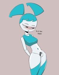 blush female jenny_wakeman my_life_as_a_teenage_robot presenting robot robot_girl text unusual_anatomy xj-9