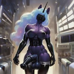 ai_generated anthro barcode futanari latex latex_drone lipstick muscular my_little_pony nightmare_moon_(mlp) princess_luna_(mlp) thighhighs