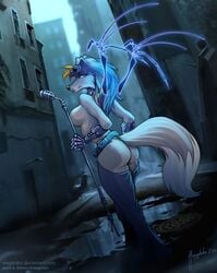 1girls anthro ass breasts chaps dutch_angle female female_only magolobo outdoors side_view solo solo_female standing tagme topless wings