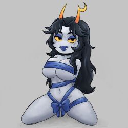 1girls alien alien_humanoid black_hair blue_lipstick bondage boob_press bound bound_arms bound_wrists breast breasts breasts eyeliner female female_focus female_only grey_skin grey_skin homestuck homestuck_oc homestuck_troll horn horns humanoid humanoid_alien jojrno large_breasts large_thighs lipstick long_hair long_hair_female looking_at_viewer makeup mostly_nude mostly_nude_female original_character partially_clothed partially_clothed_female pubic_hair ribbon seductive seductive_look solo solo_female suggestive_look thighs troll